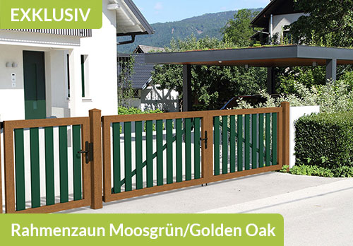 Rahmenzaun mit Tor aus Qualitäts-Kunststoff in Moosgrün/Golden Oak